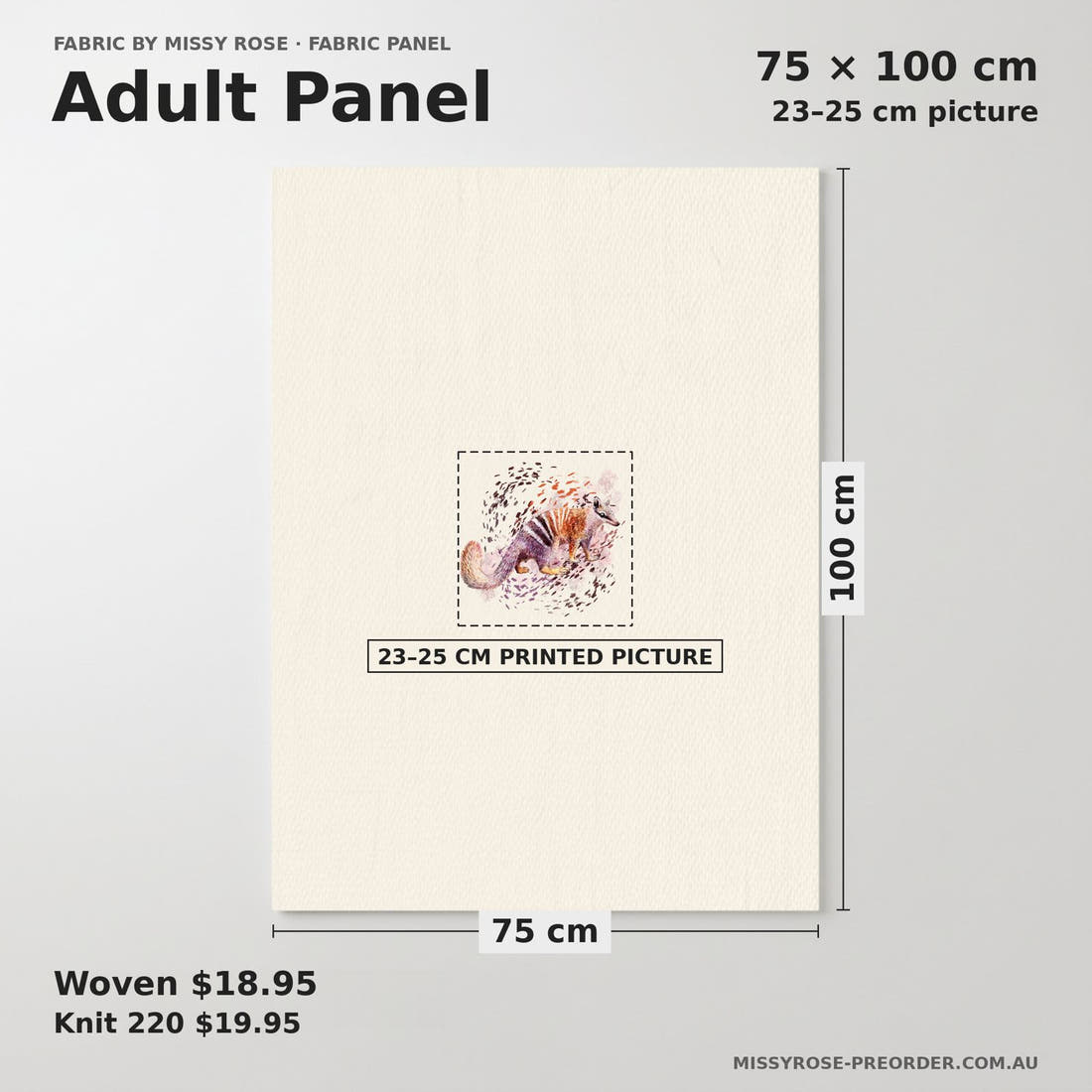 Design 123 Numbat Panel adult panel sizing – 23–25 cm printed picture on 75 × 100 cm fabric | Fabric by Missy Rose