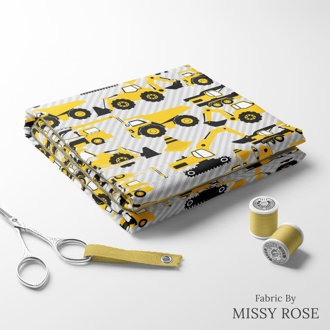 Design 124 Grey Construction Fabric folded fabric stack with matching thread – pre-order fabric Australia | Fabric by Missy Rose