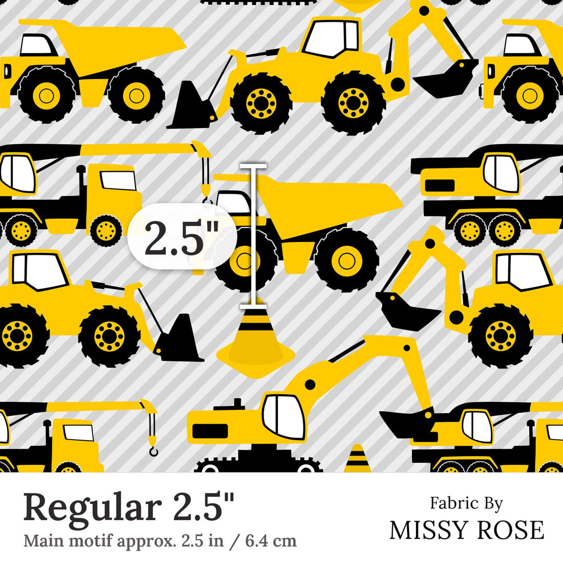 Design 124 Grey Construction Fabric Regular 2.5 inch print scale guide | Fabric by Missy Rose