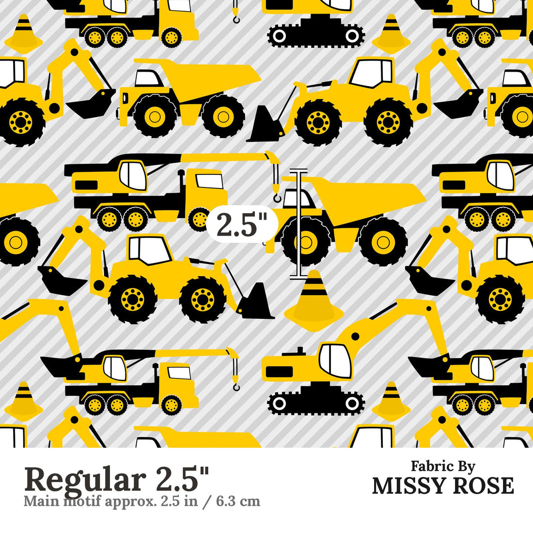 Design 124 Grey Construction Fabric Regular 2.5" - print scale | Fabric by Missy Rose