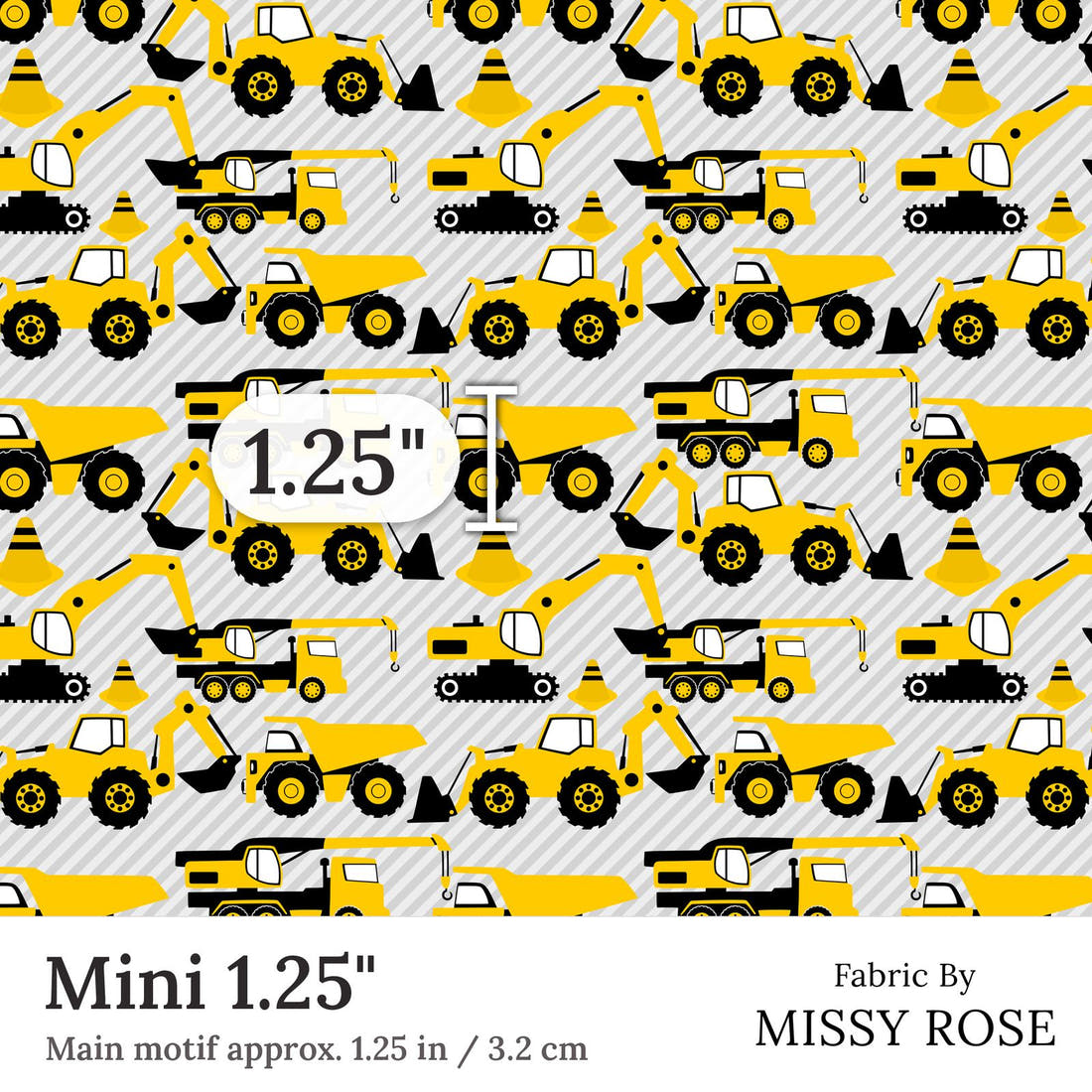 Design 124 Grey Construction Fabric Mini 1.25 inch print scale guide | Fabric by Missy Rose