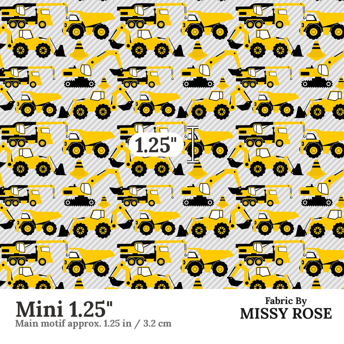 Design 124 Grey Construction Fabric Mini 1.25" - print scale | Fabric by Missy Rose