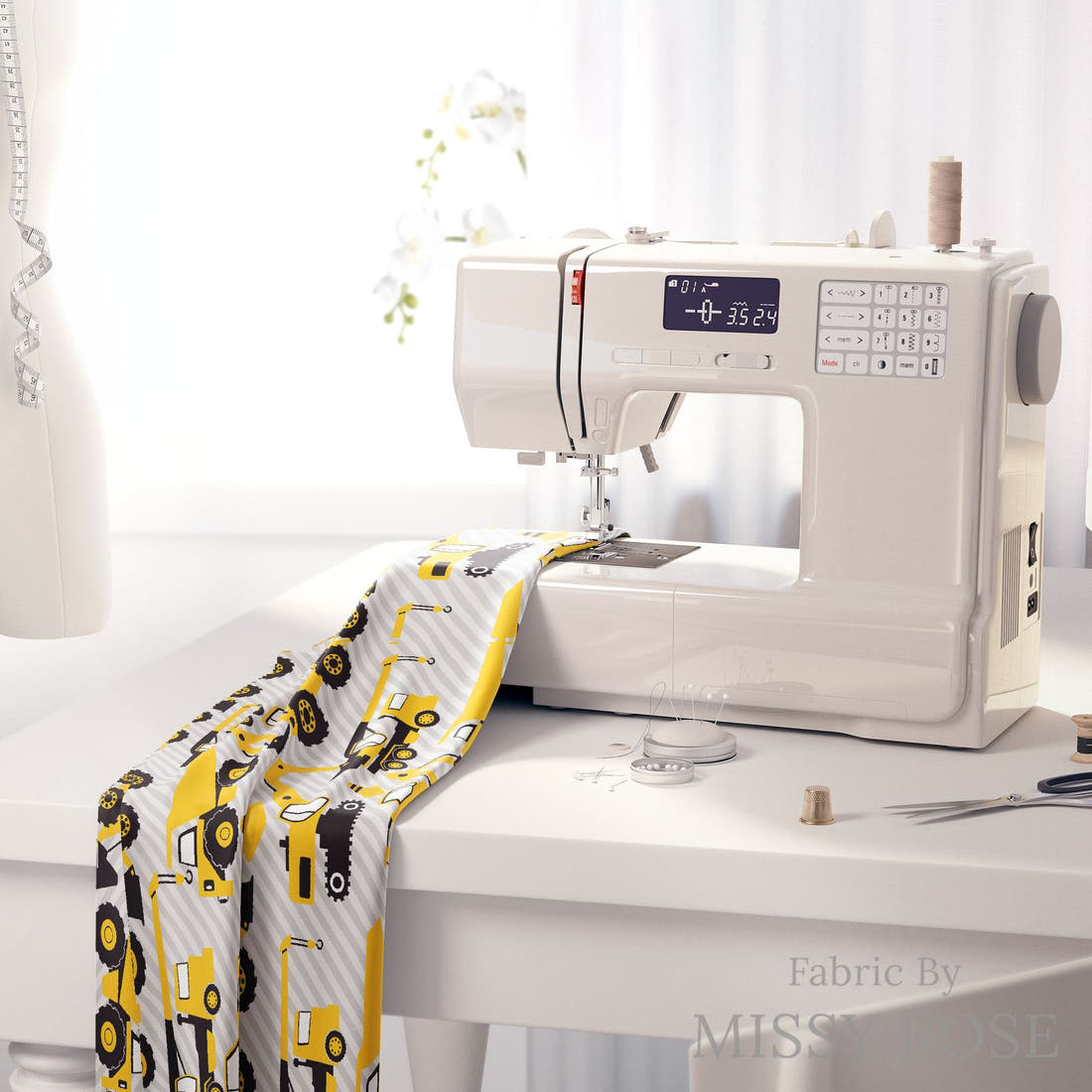 Design 124 Grey Construction Fabric on a sewing machine – premium fabric for sewing projects | Fabric by Missy Rose