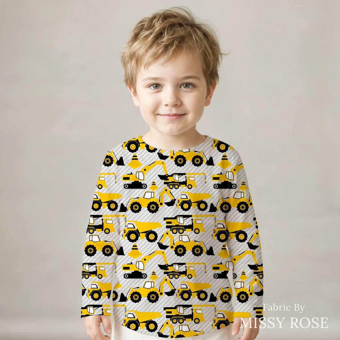 Design 124 Grey Construction Fabric sewn into a kids' long sleeve top – see how the print looks made up | Fabric by Missy Rose