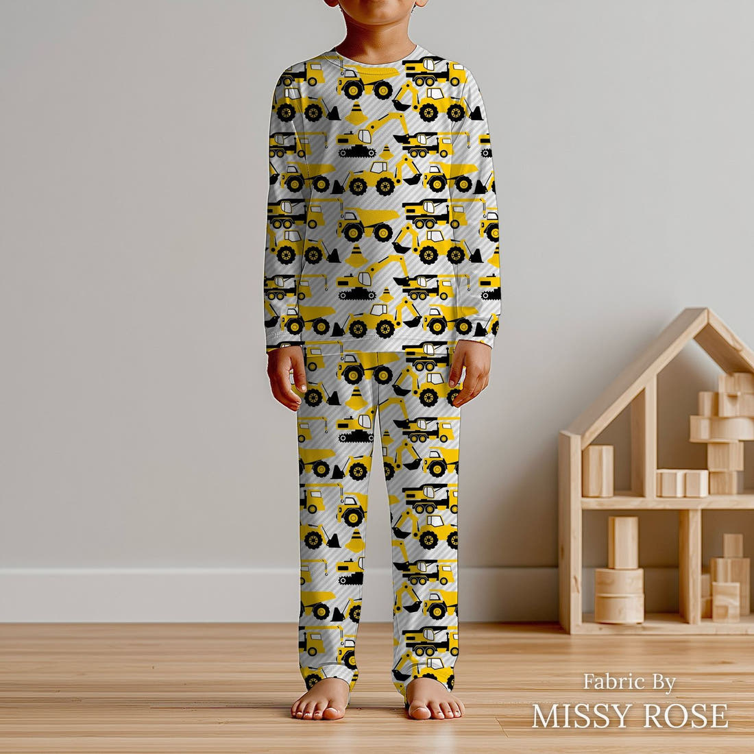 Design 124 Grey Construction Fabric sewn into kids' pyjamas – see how the print looks made up | Fabric by Missy Rose