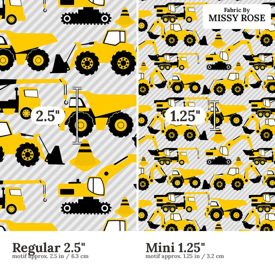 Design 124 Grey Construction Fabric size comparison - print scale | Fabric by Missy Rose