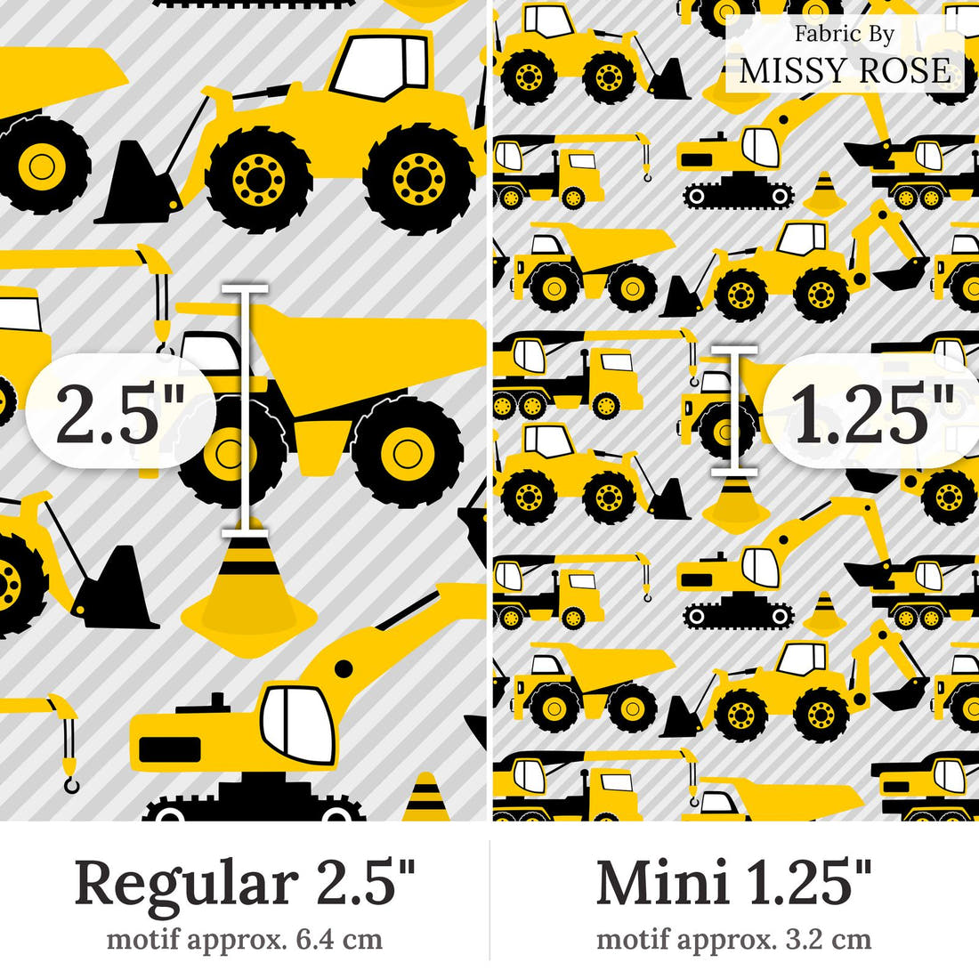 Design 124 Grey Construction Fabric Regular 2.5 inch vs Mini 1.25 inch print scale side by side | Fabric by Missy Rose