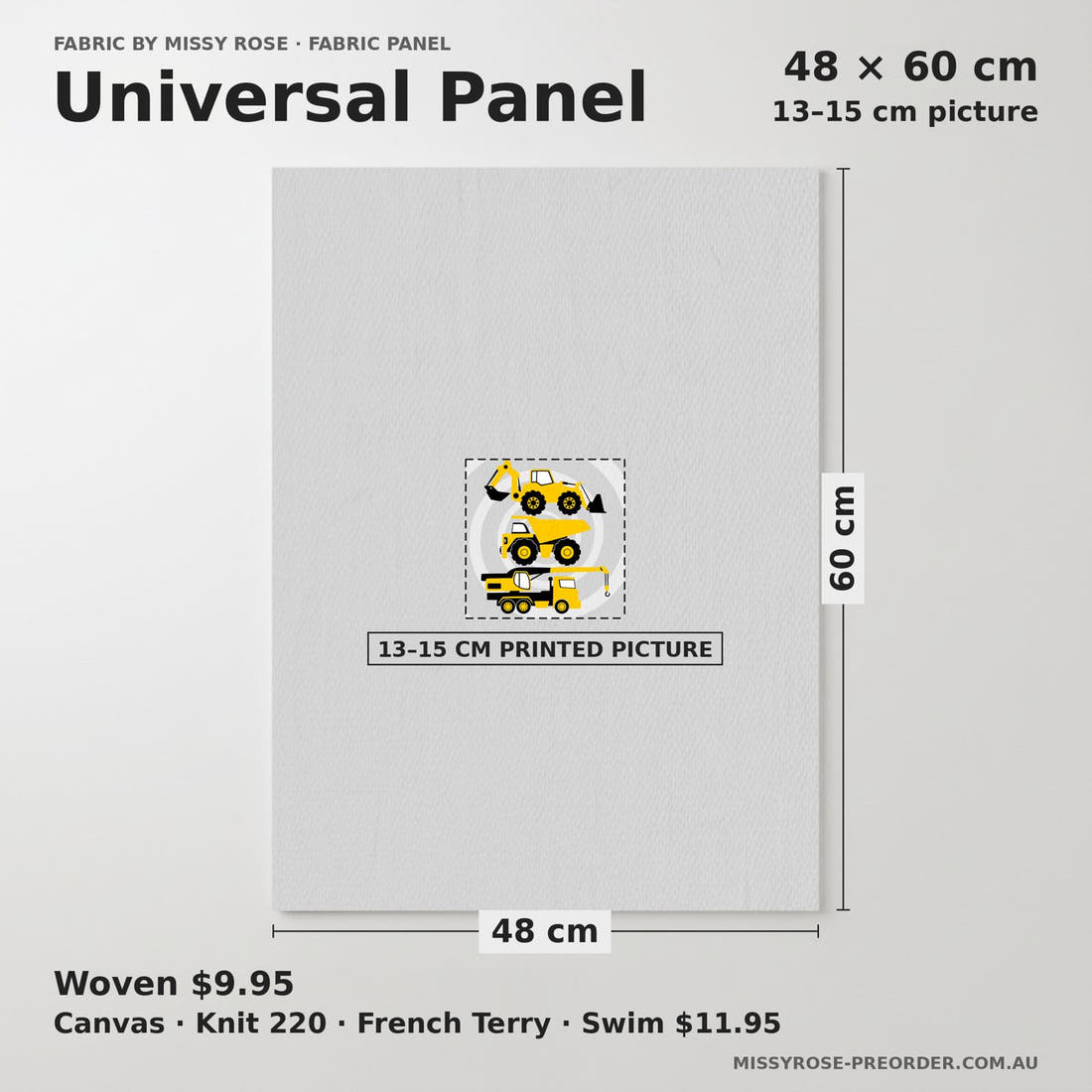 Design 124 Grey Construction Panel universal panel sizing – 13–15 cm printed picture on 48 × 60 cm fabric | Fabric by Missy Rose