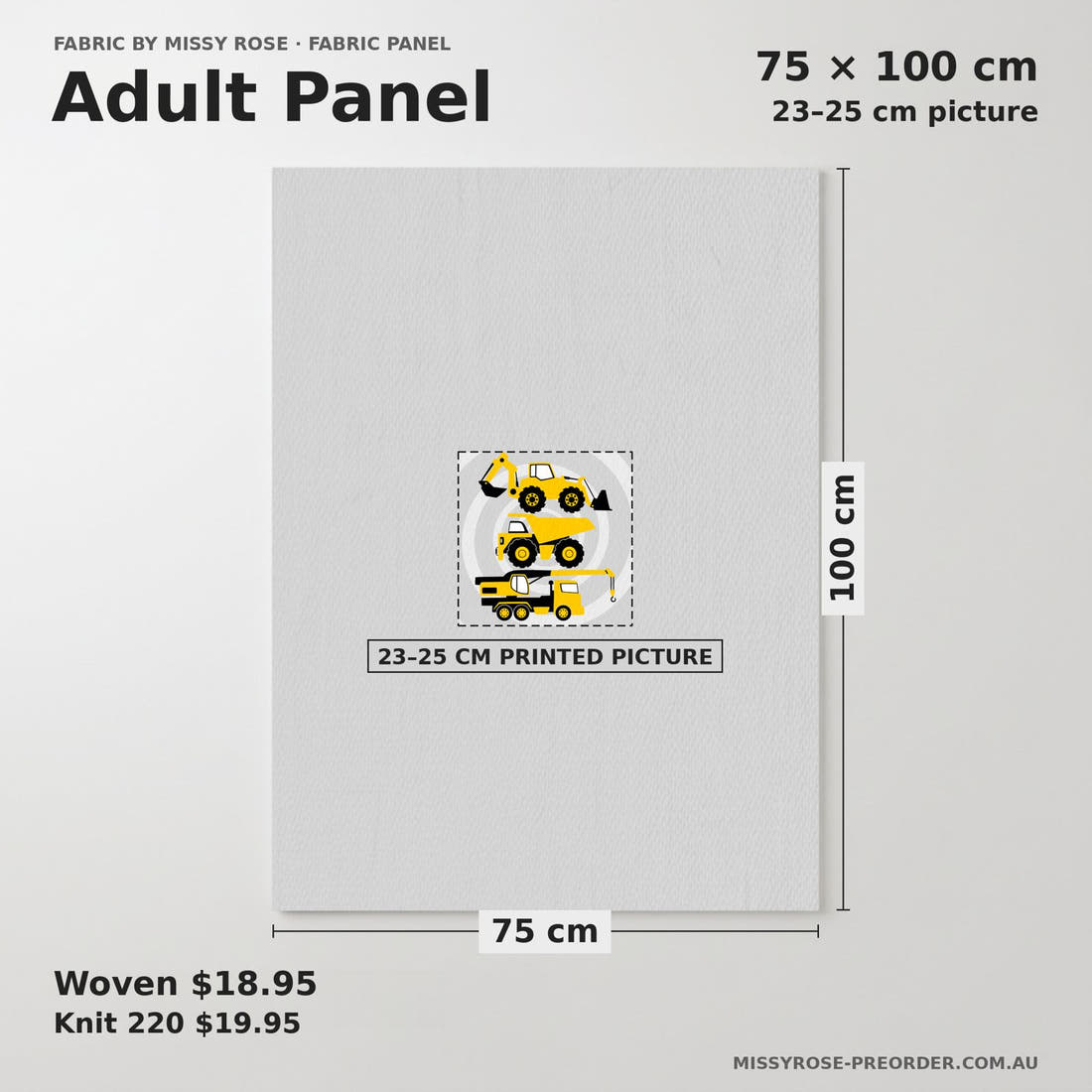 Design 124 Grey Construction Panel adult panel sizing – 23–25 cm printed picture on 75 × 100 cm fabric | Fabric by Missy Rose
