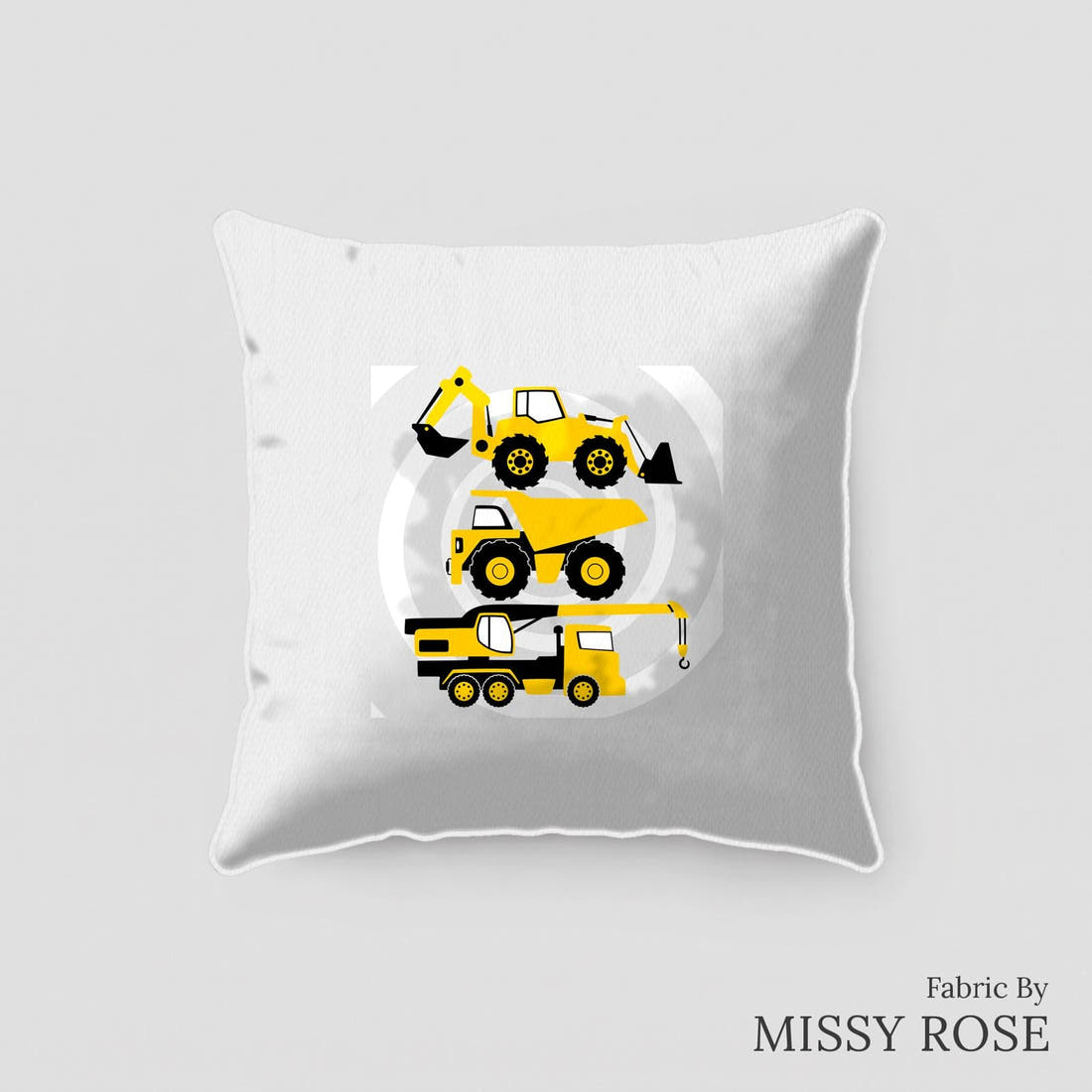 Design 124 Grey Construction Panel sewn into a cushion – see how the panel looks made up | Fabric by Missy Rose