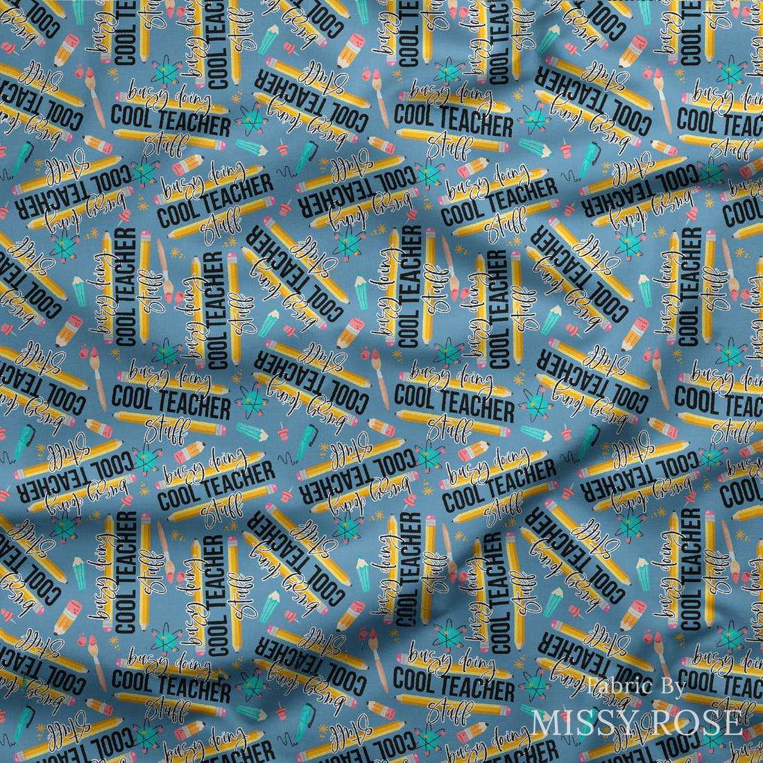 Design 125 Cool Teacher Fabric draped fabric mockup – custom printed fabric by the metre | Fabric by Missy Rose