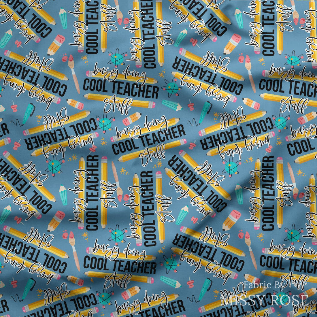 Design 125 Cool Teacher Fabric draped fabric mockup – custom printed fabric by the metre | Fabric by Missy Rose