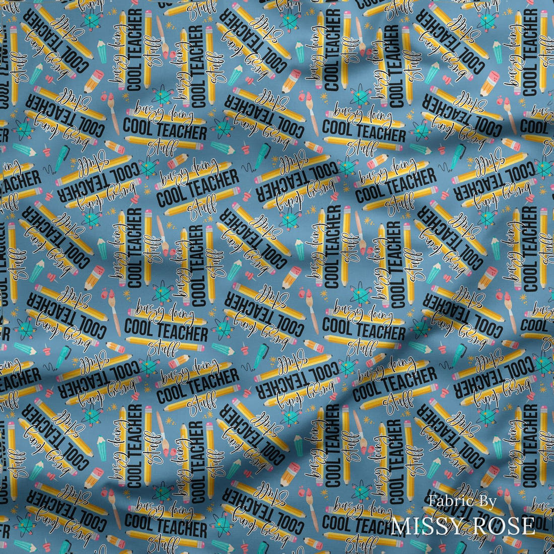Design 125 Cool Teacher Fabric draped fabric mockup – custom printed fabric by the metre | Fabric by Missy Rose