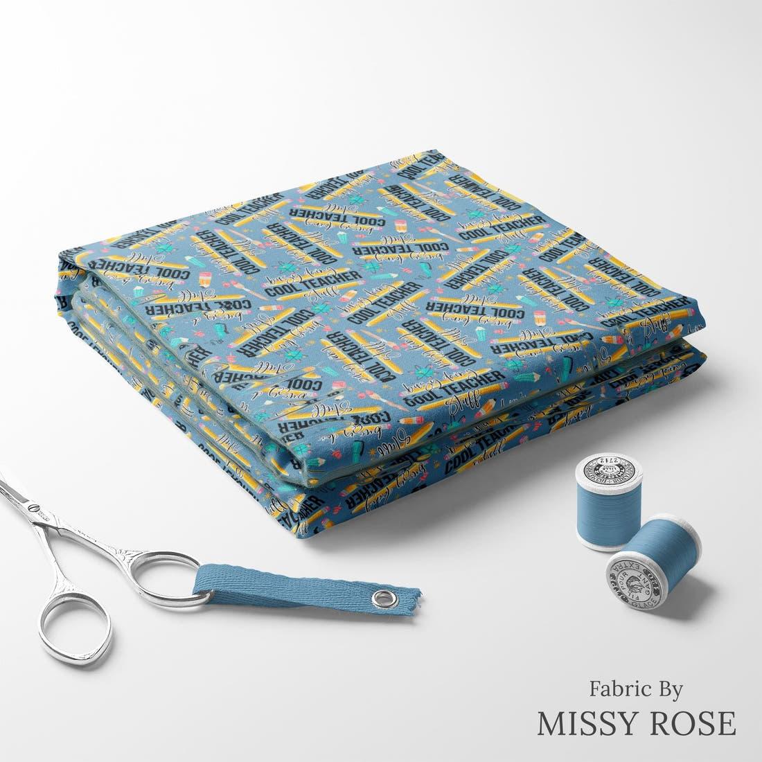 Design 125 Cool Teacher Fabric folded fabric stack with matching thread – pre-order fabric Australia | Fabric by Missy Rose