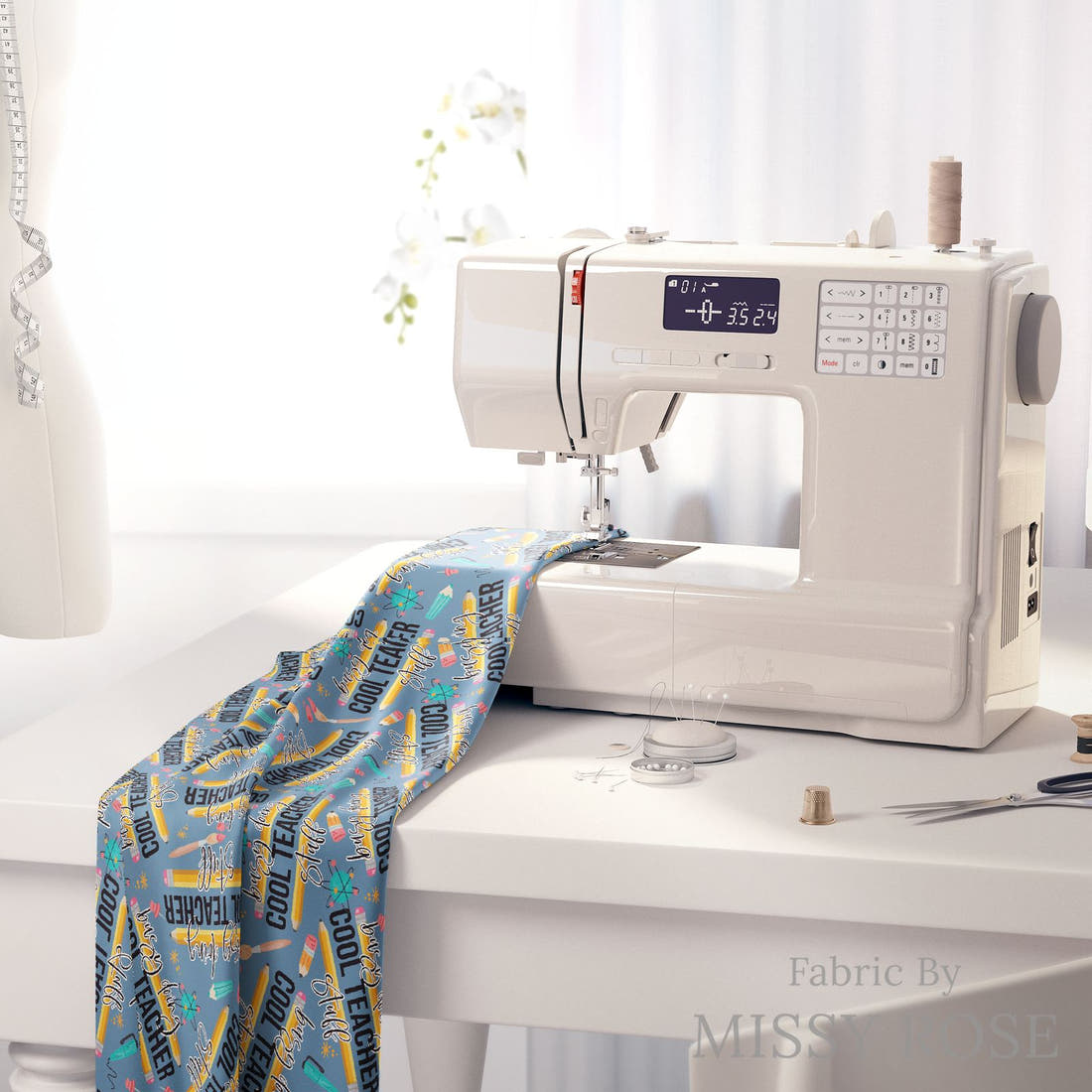Design 125 Cool Teacher Fabric on a sewing machine – premium fabric for sewing projects | Fabric by Missy Rose