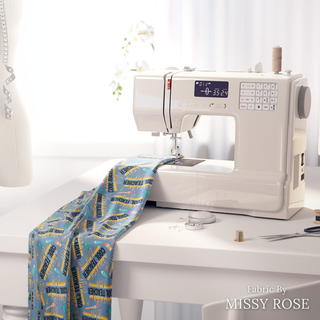Design 125 Cool Teacher Fabric on a sewing machine – premium fabric for sewing projects | Fabric by Missy Rose