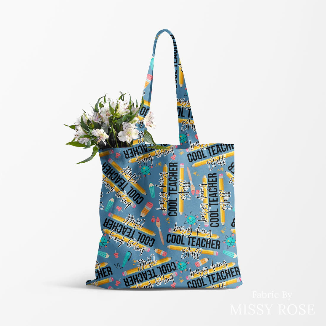 Design 125 Cool Teacher Fabric made up as a tote bag – see how the print looks made up | Fabric by Missy Rose