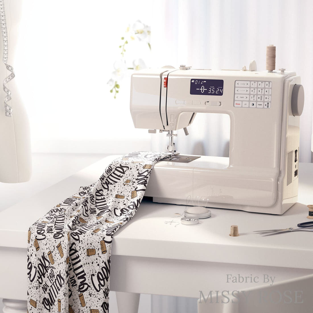 Design 126 Corks Fabric on a sewing machine – premium fabric for sewing projects | Fabric by Missy Rose