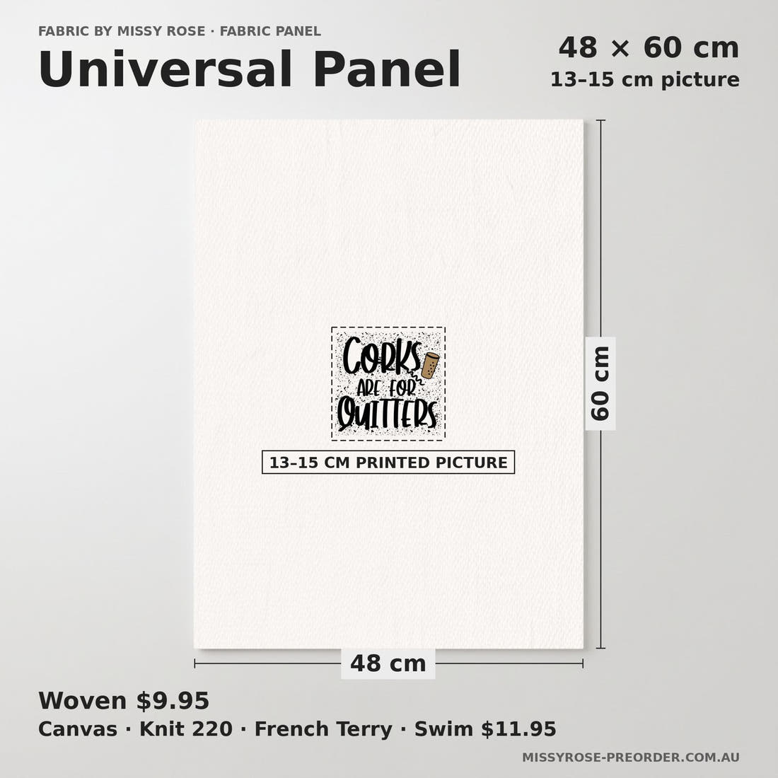 Design 126 Corks Panel universal panel sizing – 13–15 cm printed picture on 48 × 60 cm fabric | Fabric by Missy Rose