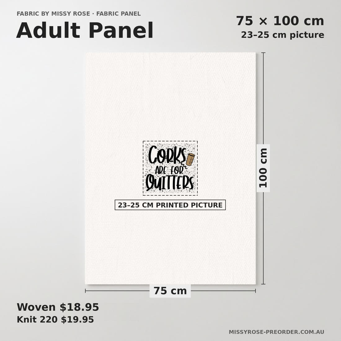 Design 126 Corks Panel adult panel sizing – 23–25 cm printed picture on 75 × 100 cm fabric | Fabric by Missy Rose