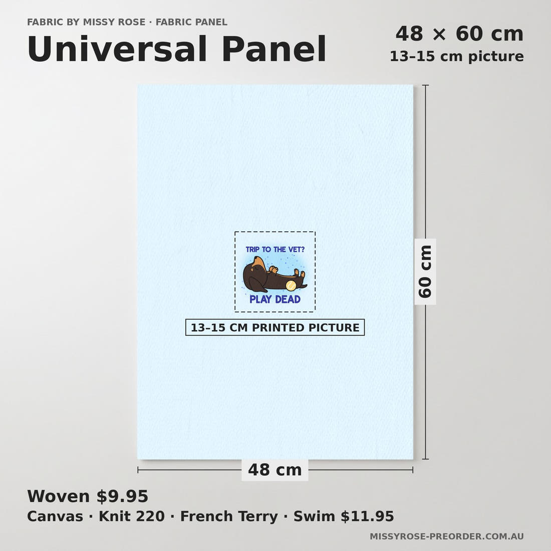Design 127 Sausage Dog Panel universal panel sizing – 13–15 cm printed picture on 48 × 60 cm fabric | Fabric by Missy Rose