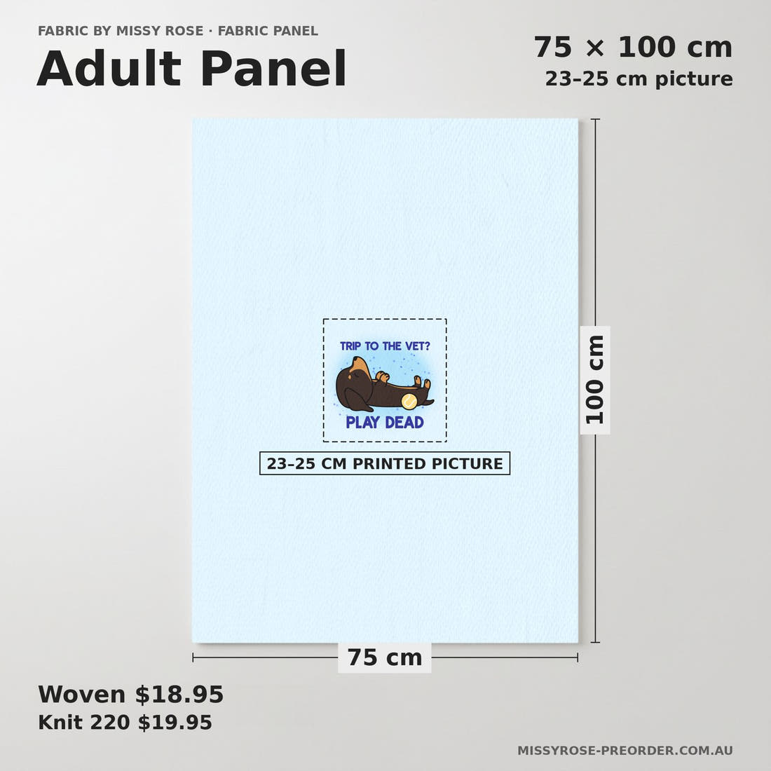 Design 127 Sausage Dog Panel adult panel sizing – 23–25 cm printed picture on 75 × 100 cm fabric | Fabric by Missy Rose