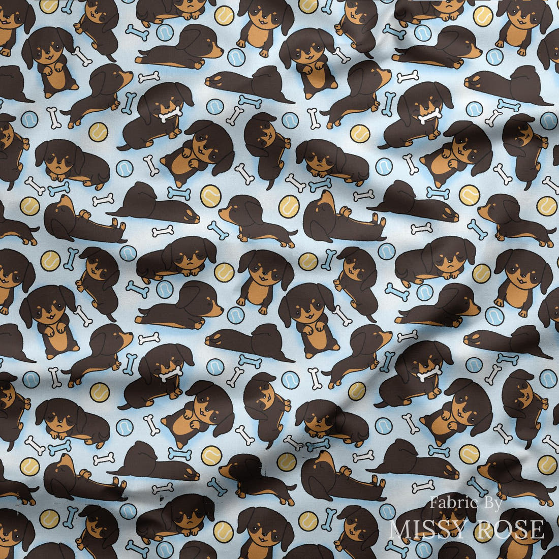 Design 127 Sausage Dog Fabric draped fabric mockup – custom printed fabric by the metre | Fabric by Missy Rose
