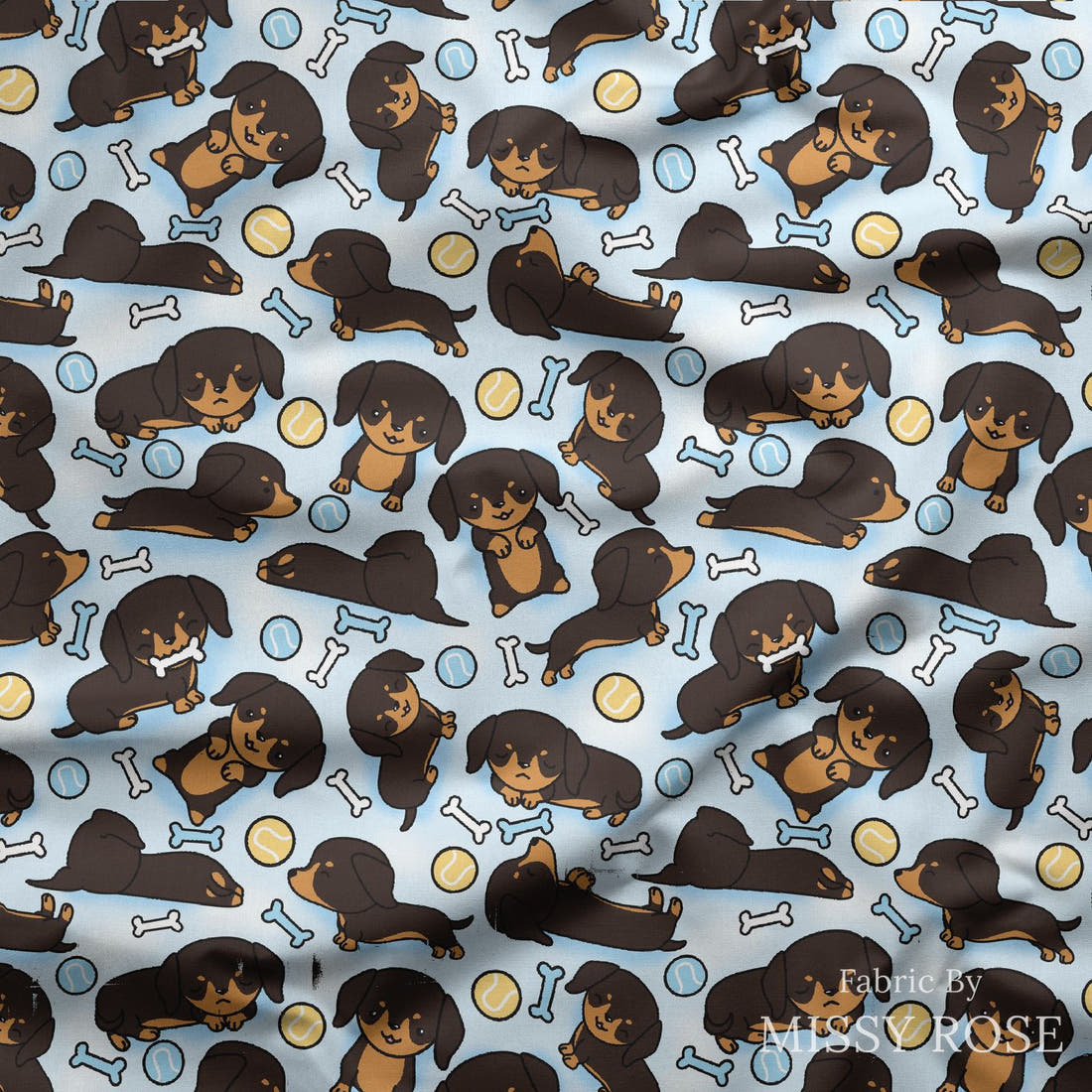 Design 127 Sausage Dog Fabric draped fabric mockup – custom printed fabric by the metre | Fabric by Missy Rose