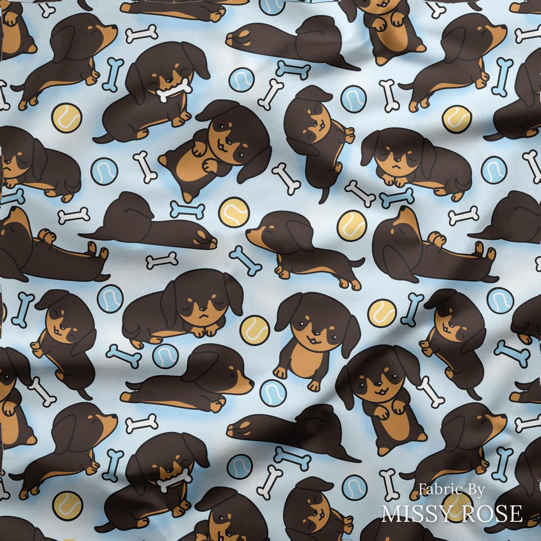 Design 127 Sausage Dog Fabric draped fabric mockup – custom printed fabric by the metre | Fabric by Missy Rose