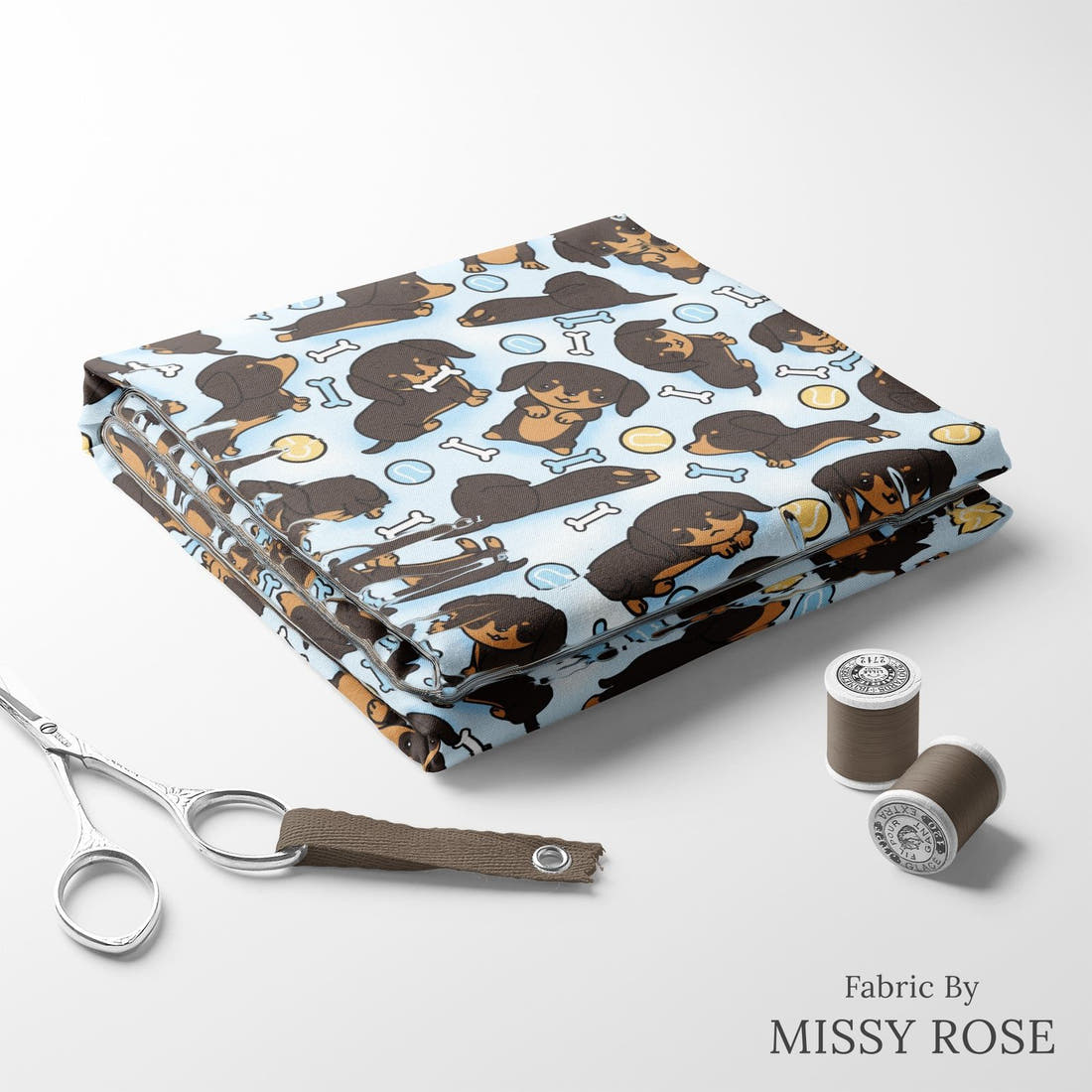 Design 127 Sausage Dog Fabric folded fabric stack with matching thread – pre-order fabric Australia | Fabric by Missy Rose