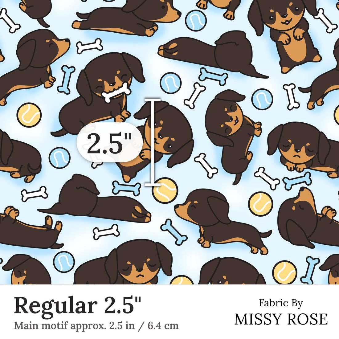 Design 127 Sausage Dog Fabric Regular 2.5 inch print scale guide | Fabric by Missy Rose