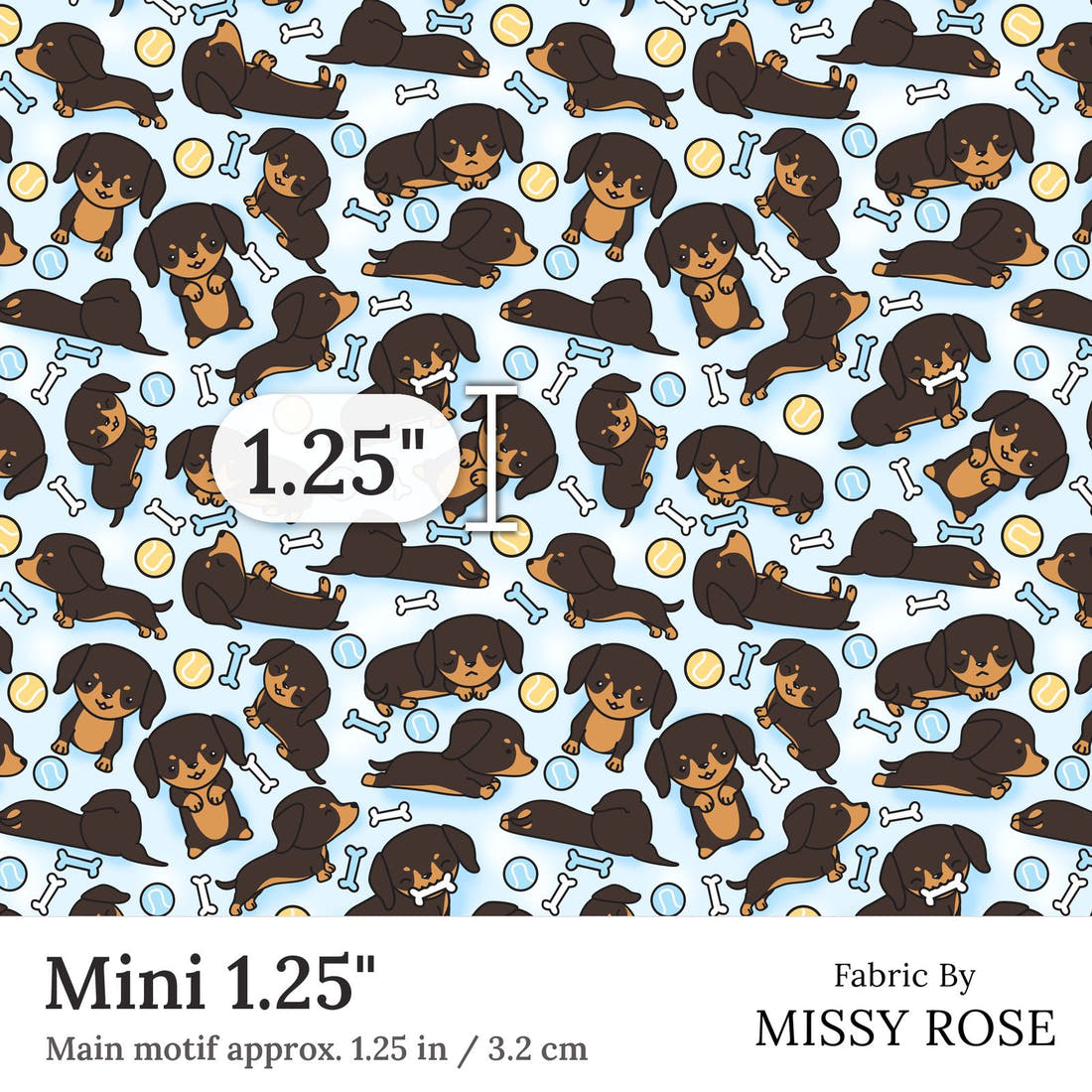 Design 127 Sausage Dog Fabric Mini 1.25 inch print scale guide | Fabric by Missy Rose