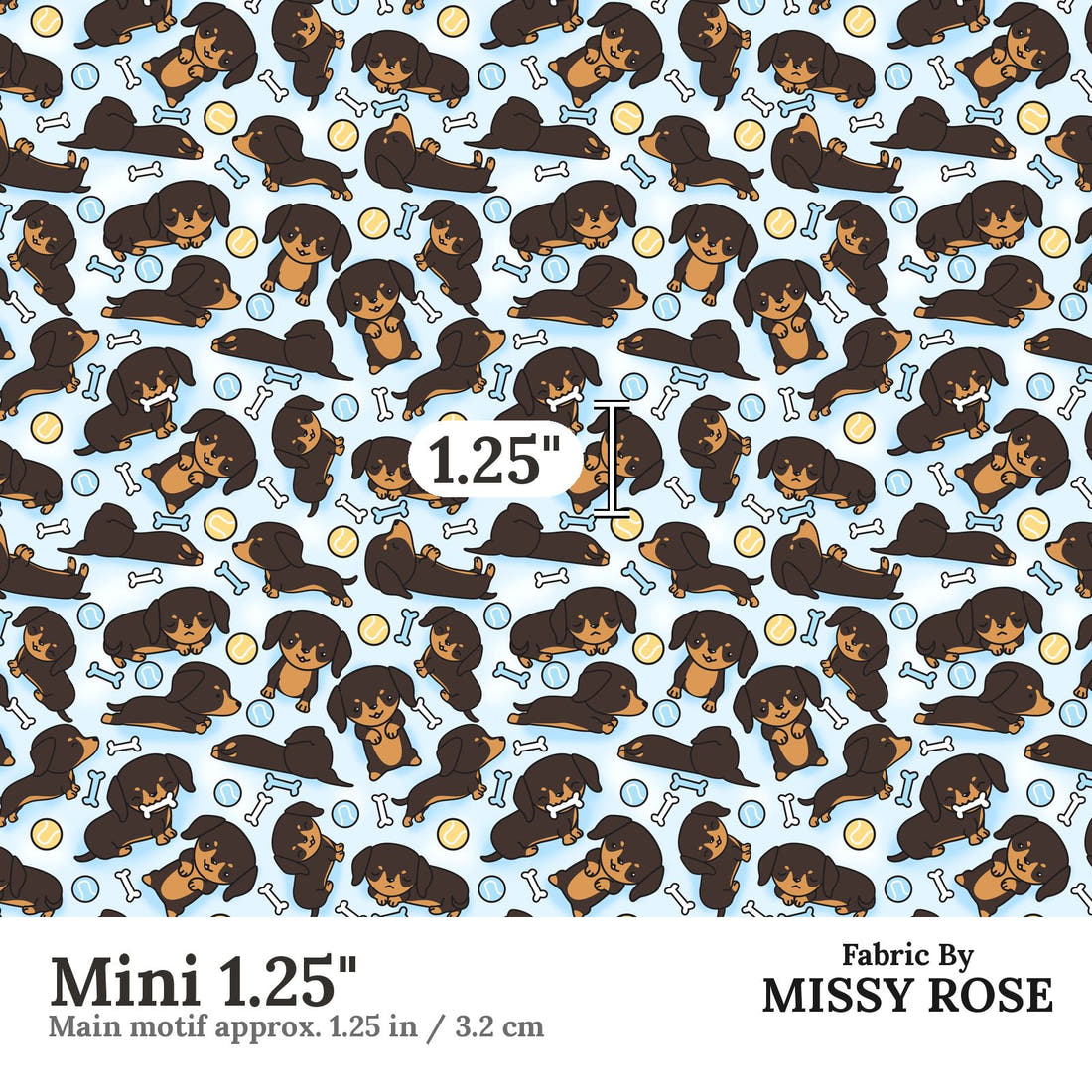 Design 127 Sausage Dog Fabric Mini 1.25" - print scale | Fabric by Missy Rose