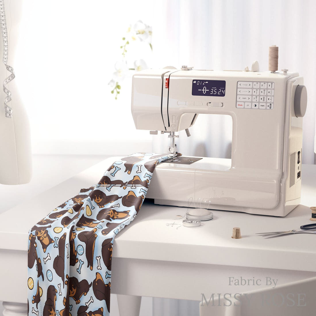 Design 127 Sausage Dog Fabric on a sewing machine – premium fabric for sewing projects | Fabric by Missy Rose