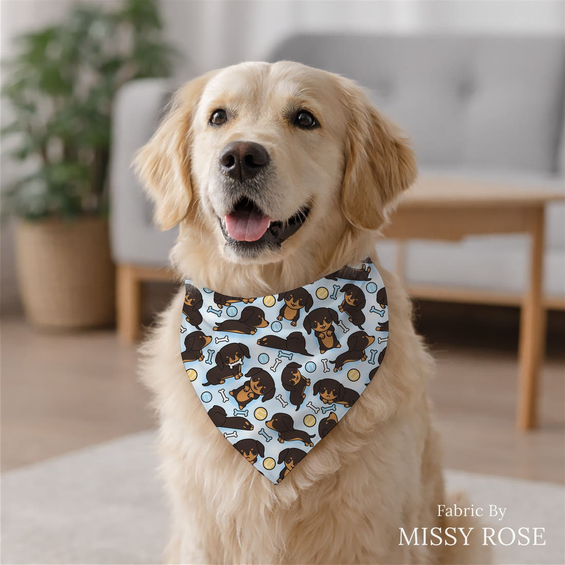 Design 127 Sausage Dog Fabric sewn into a dog bandana – see how the print looks made up | Fabric by Missy Rose