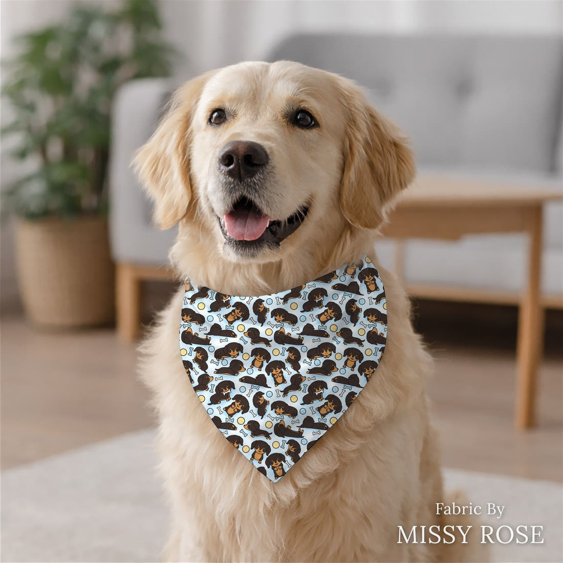 Design 127 Sausage Dog Fabric sewn into a dog bandana – see how the print looks made up | Fabric by Missy Rose