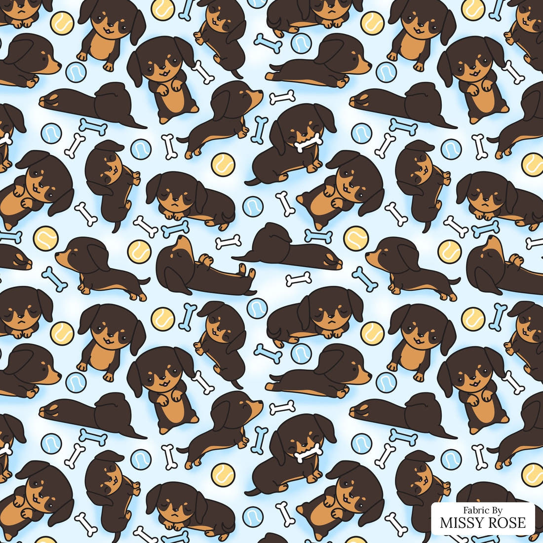 Design 127 Sausage Dog Fabric - flat view of the print, zoom in for detail | Fabric by Missy Rose