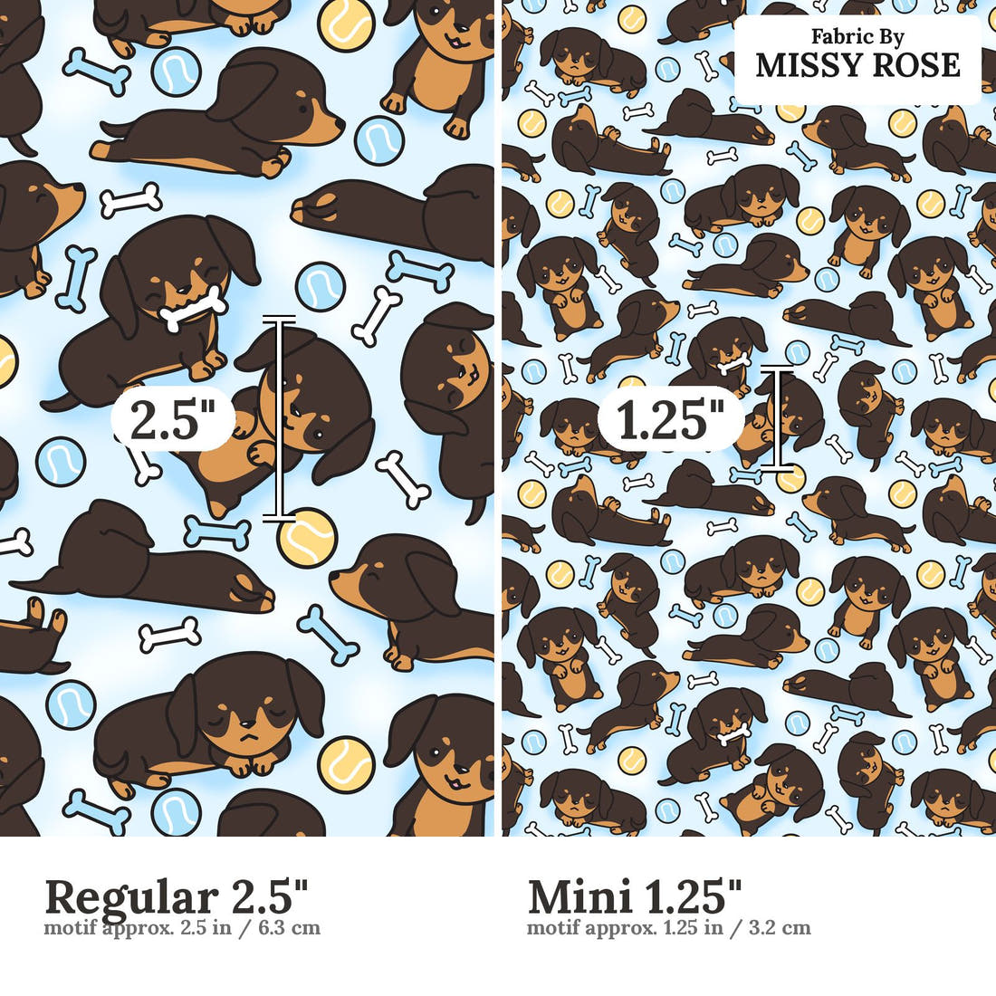 Design 127 Sausage Dog Fabric size comparison - print scale | Fabric by Missy Rose
