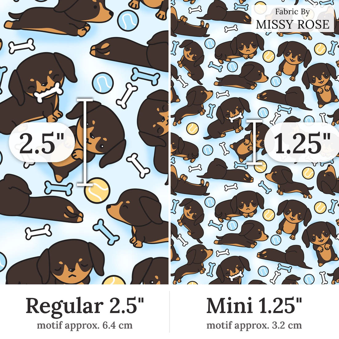 Design 127 Sausage Dog Fabric Regular 2.5 inch vs Mini 1.25 inch print scale side by side | Fabric by Missy Rose