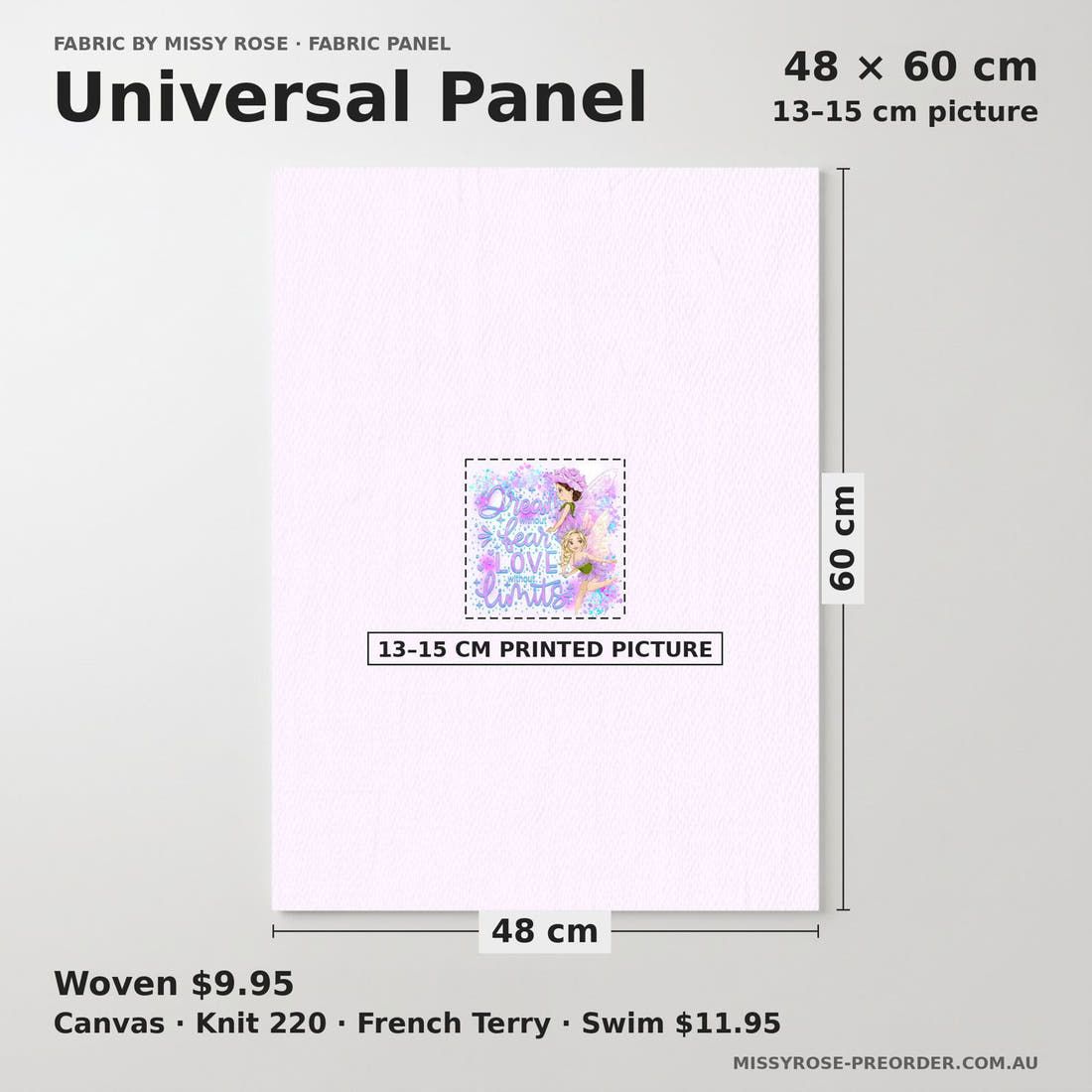 Design 128 Purple Fairy Panel universal panel sizing – 13–15 cm printed picture on 48 × 60 cm fabric | Fabric by Missy Rose