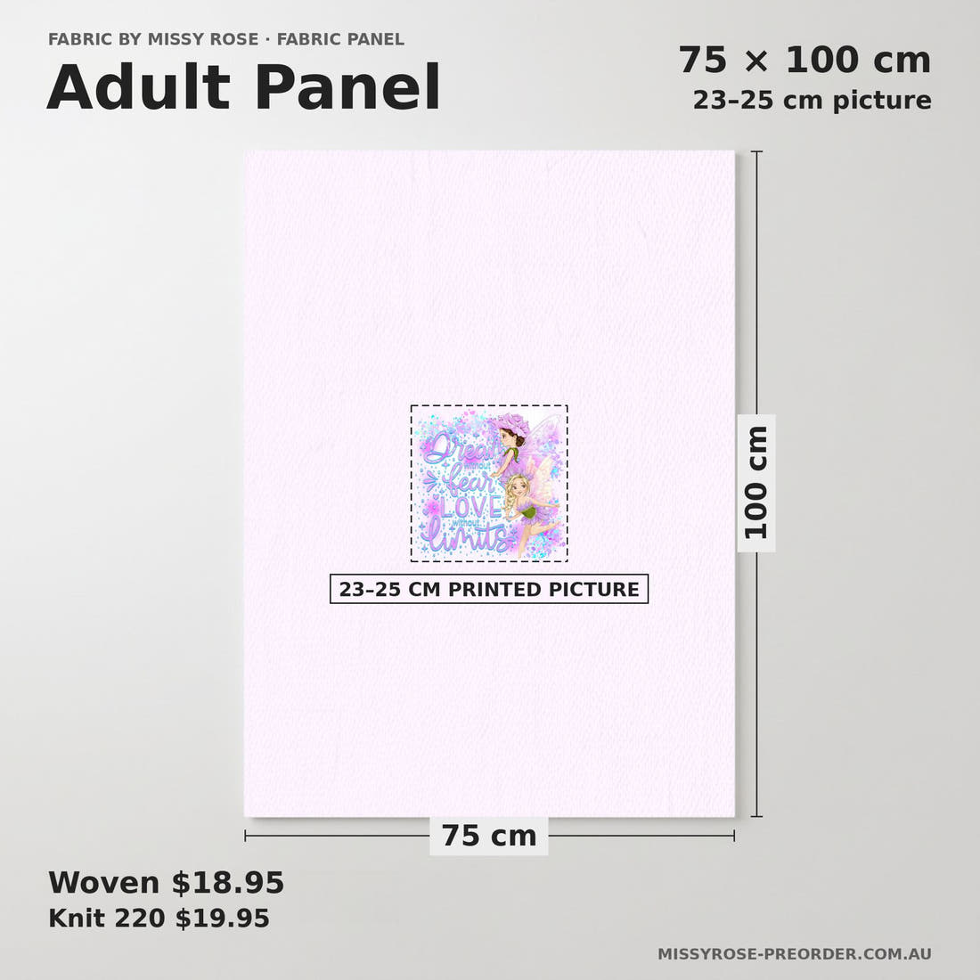 Design 128 Purple Fairy Panel adult panel sizing – 23–25 cm printed picture on 75 × 100 cm fabric | Fabric by Missy Rose