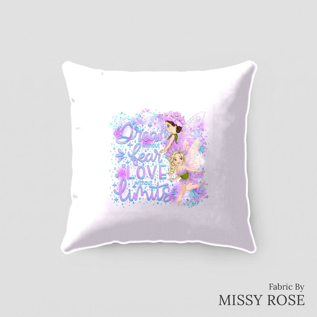 Design 128 Purple Fairy Panel sewn into a cushion – see how the panel looks made up | Fabric by Missy Rose