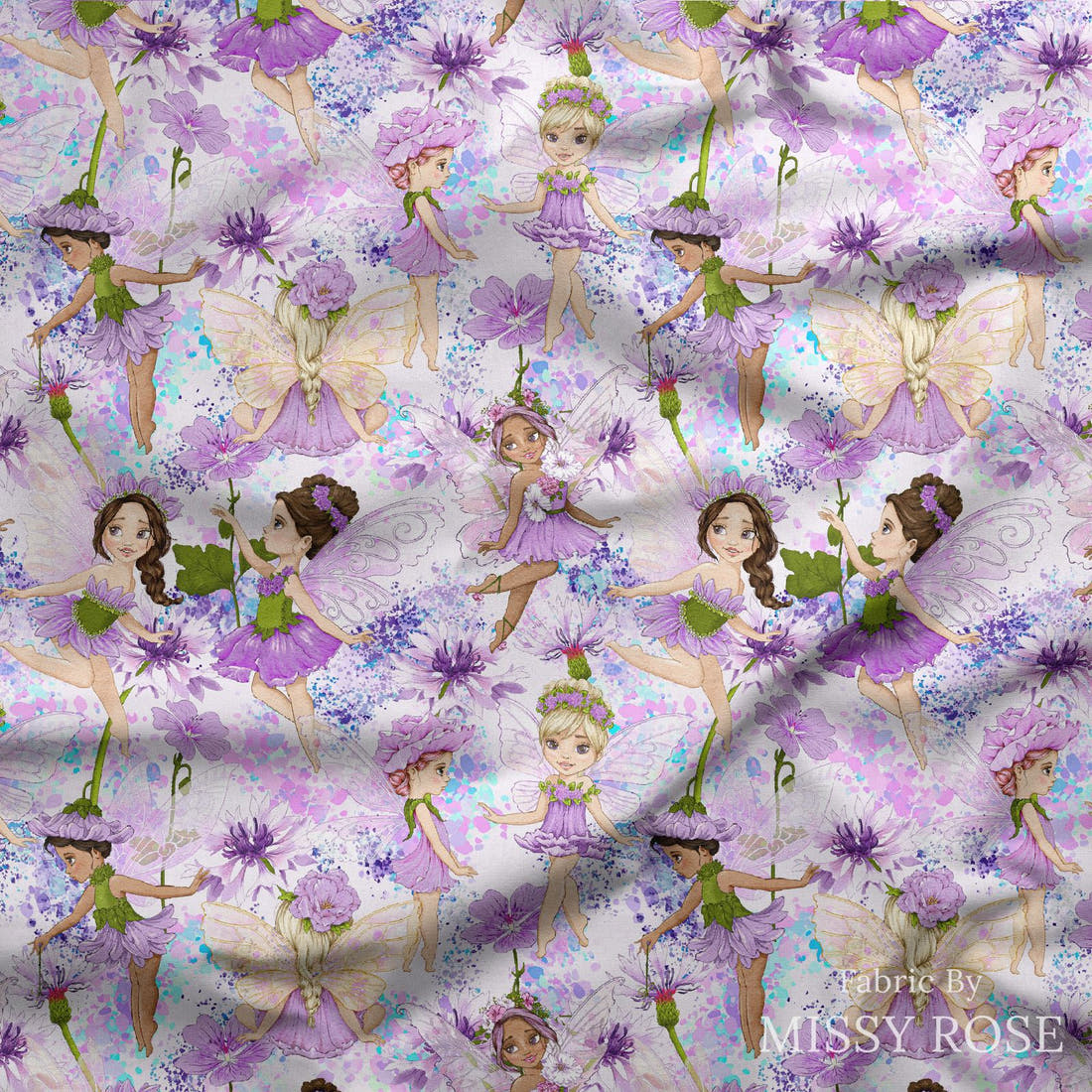 Design 128 Purple Fairy Fabric draped fabric mockup – custom printed fabric by the metre | Fabric by Missy Rose
