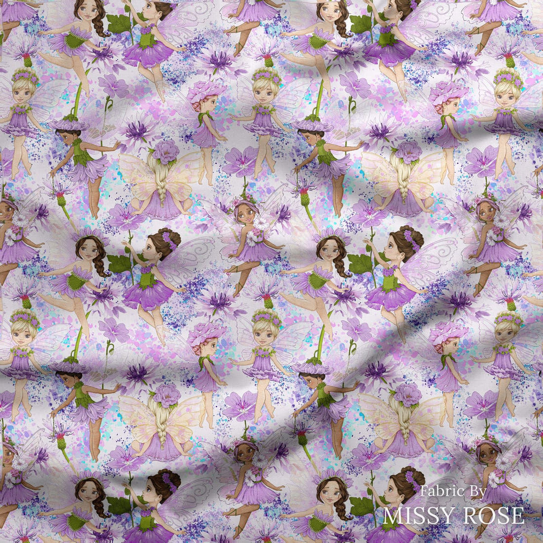 Design 128 Purple Fairy Fabric draped fabric mockup – custom printed fabric by the metre | Fabric by Missy Rose