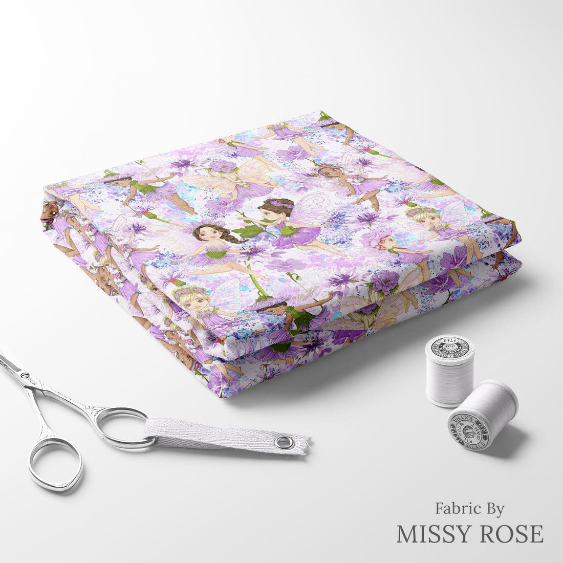Design 128 Purple Fairy Fabric folded fabric stack with matching thread – pre-order fabric Australia | Fabric by Missy Rose