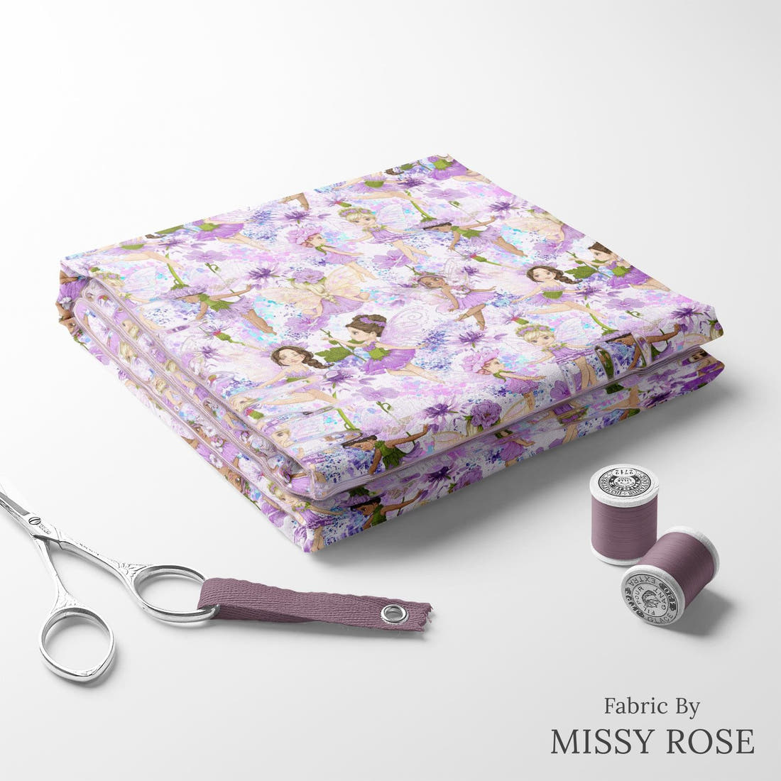 Design 128 Purple Fairy Fabric folded fabric stack with matching thread – pre-order fabric Australia | Fabric by Missy Rose