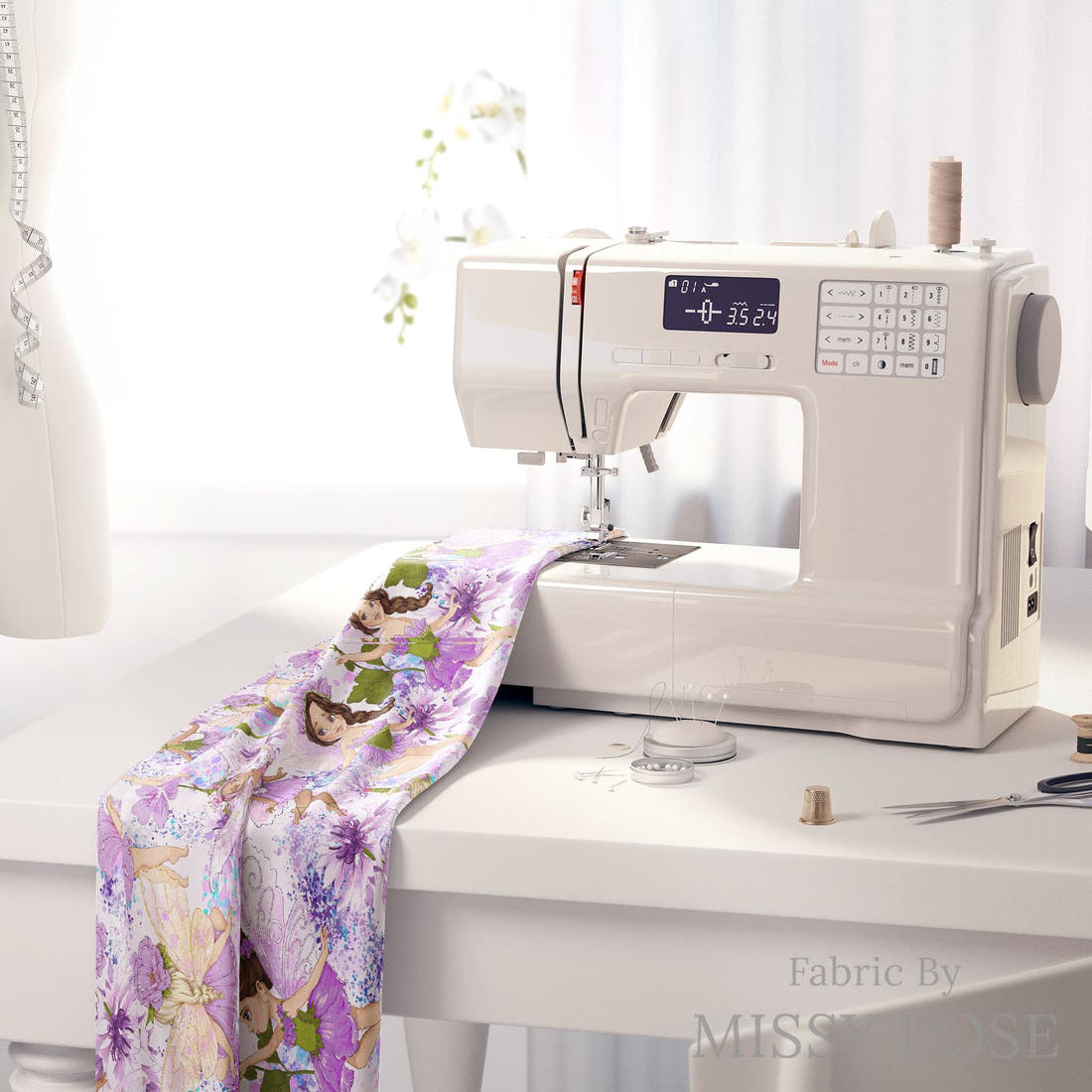 Design 128 Purple Fairy Fabric on a sewing machine – premium fabric for sewing projects | Fabric by Missy Rose