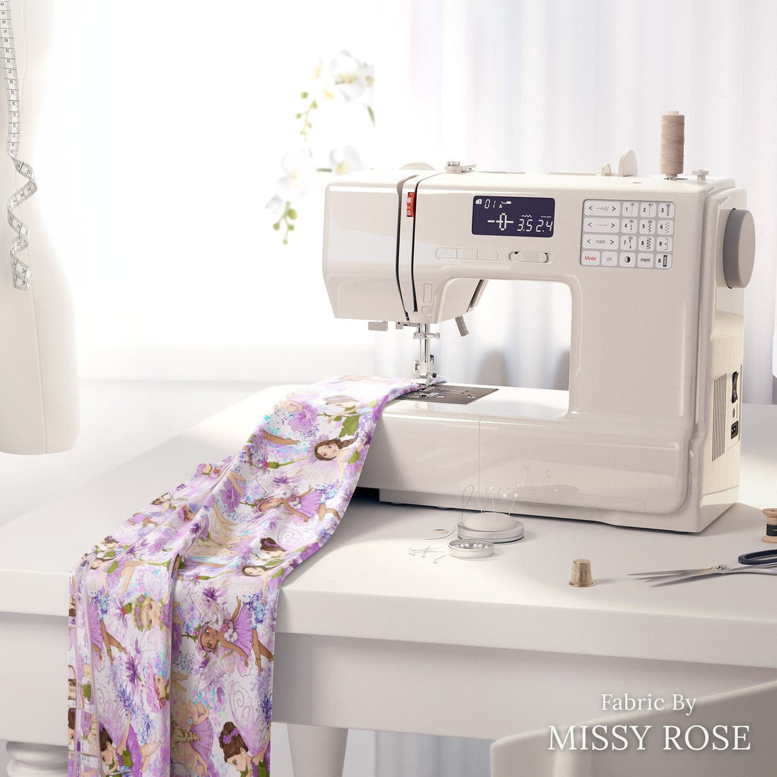 Design 128 Purple Fairy Fabric on a sewing machine – premium fabric for sewing projects | Fabric by Missy Rose
