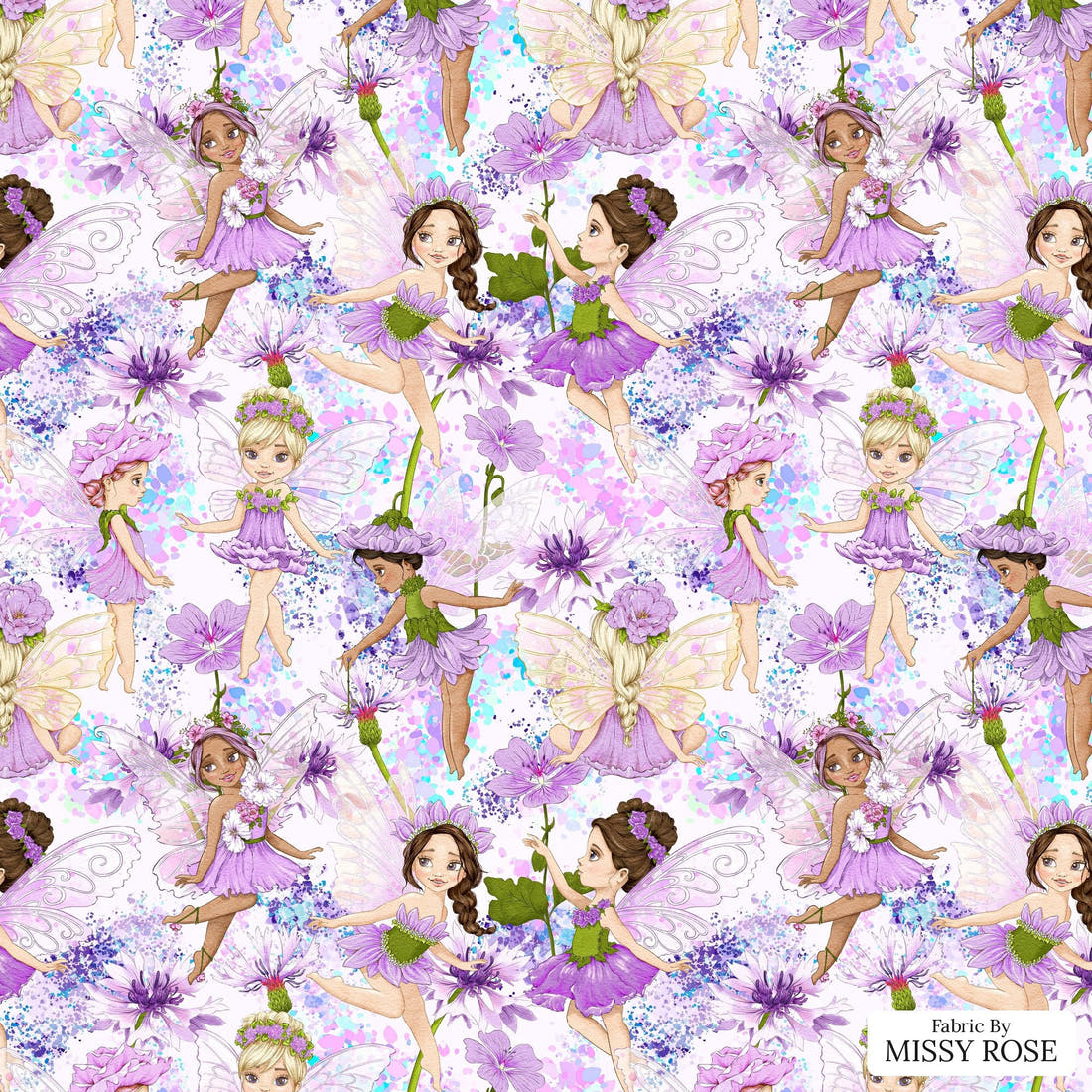 Design 128 Purple Fairy Fabric - flat view of the print, zoom in for detail | Fabric by Missy Rose