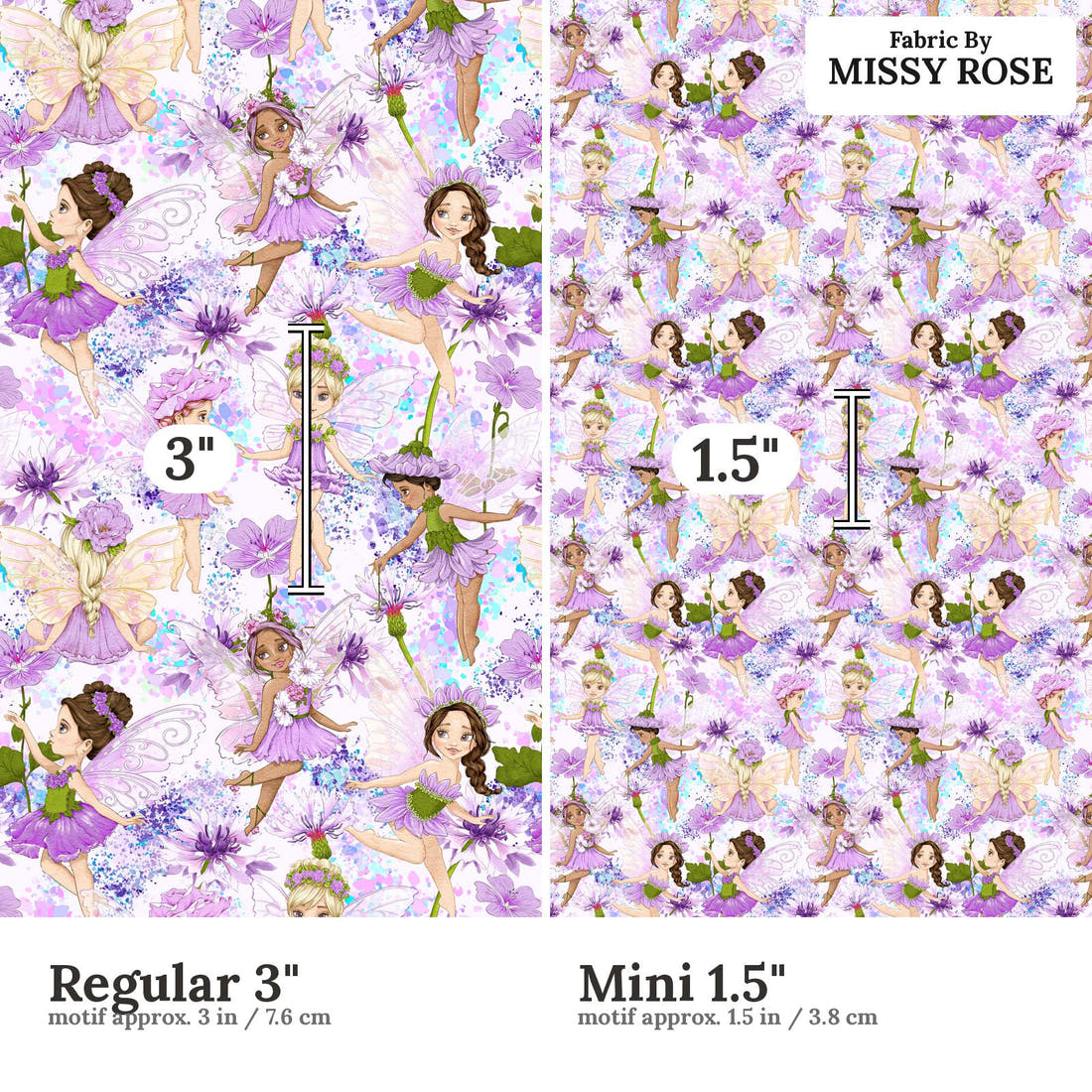Design 128 Purple Fairy Fabric size comparison - print scale | Fabric by Missy Rose